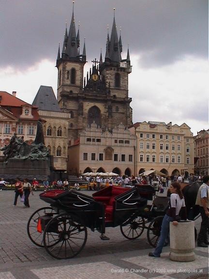 North side of Old Town Square with statue of John Huss on left