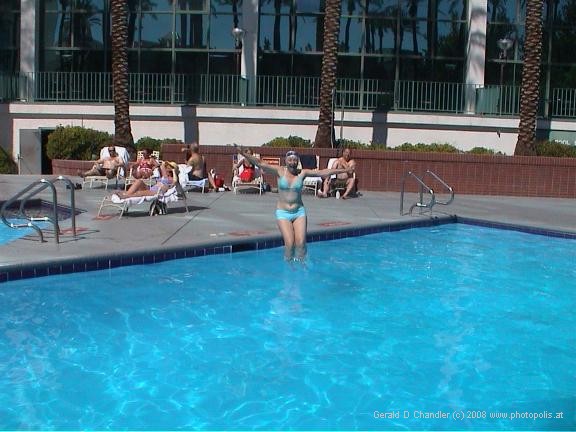 Jan jumping into Frontier Hotel pool